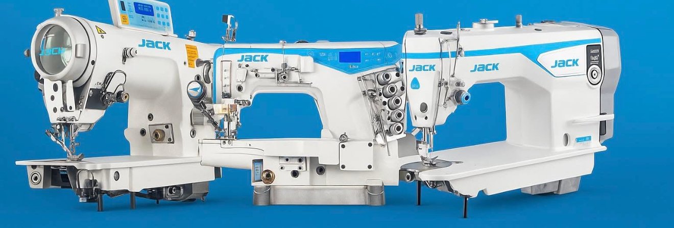 Three Jack industrial sewing machines — lockstitch, overlock, and direct-drive — on a vivid blue studio background