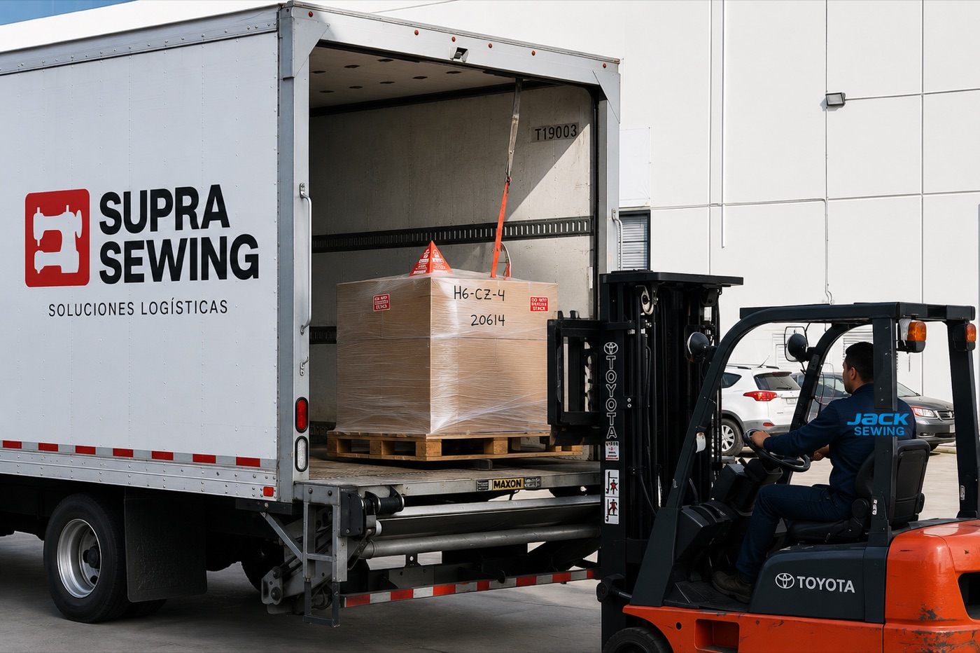 Supra Sewing logistics truck loaded with a palletized Jack machine by a forklift